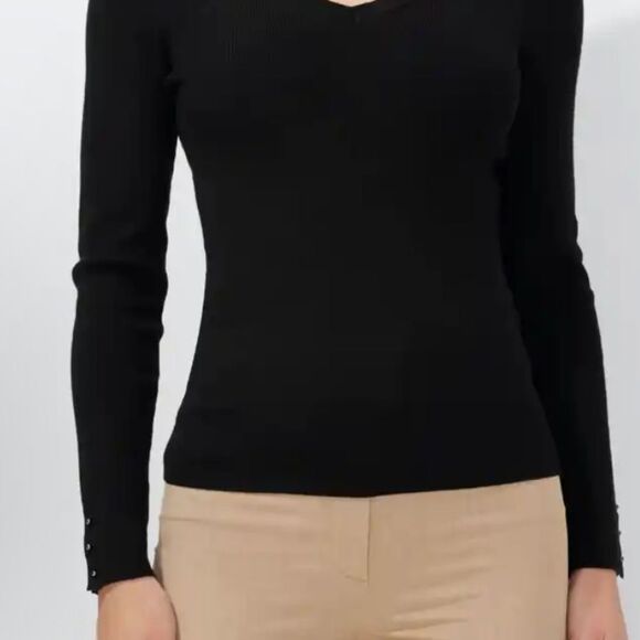 White House Black Market Ribbed Black V-neck Sweater Pullover Sz S - Picture 2 of 14